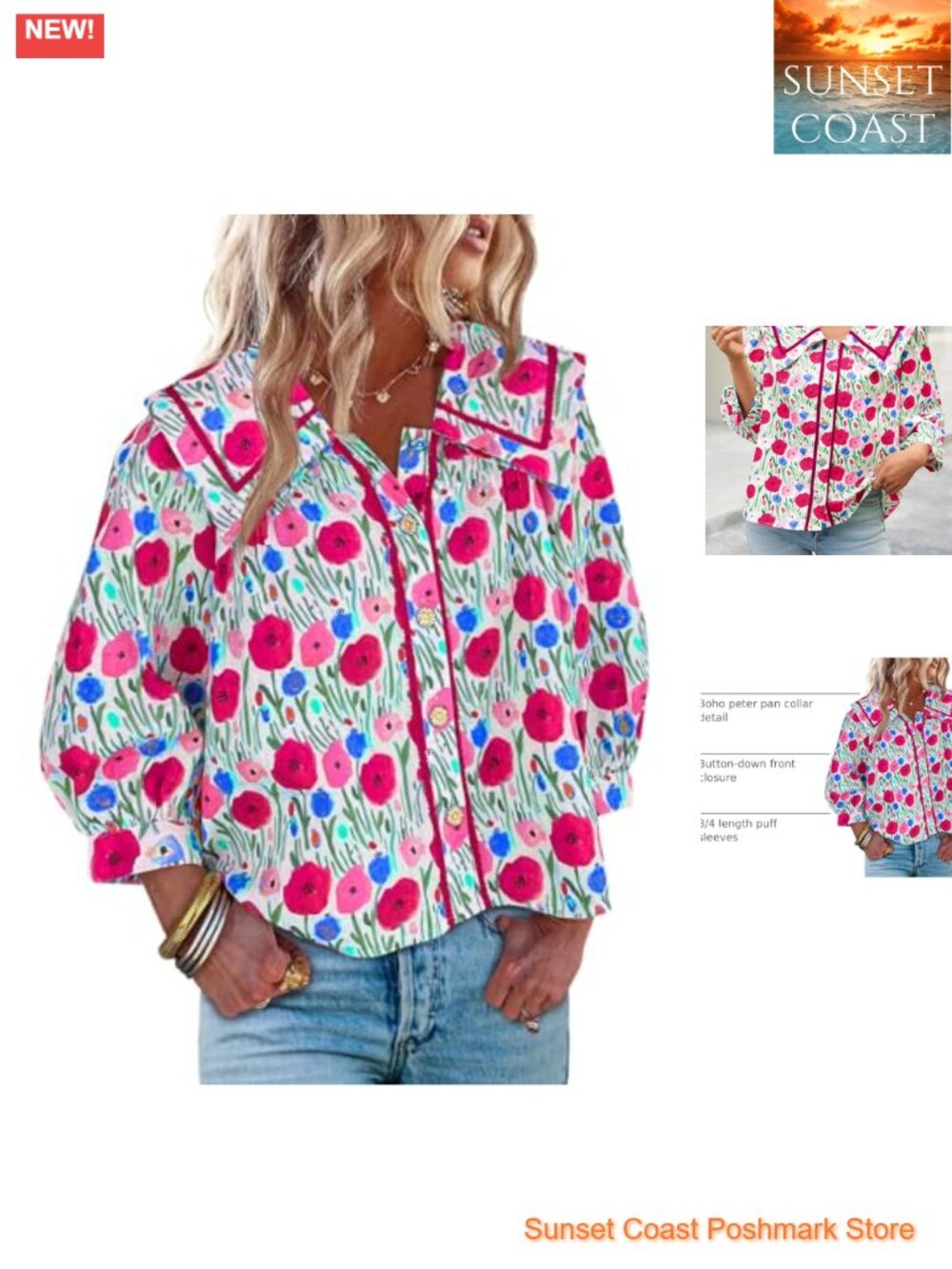 Cicy Bell Floral Button Down Shirt 3/4 Lantern Sleeve Square Neck Blouse